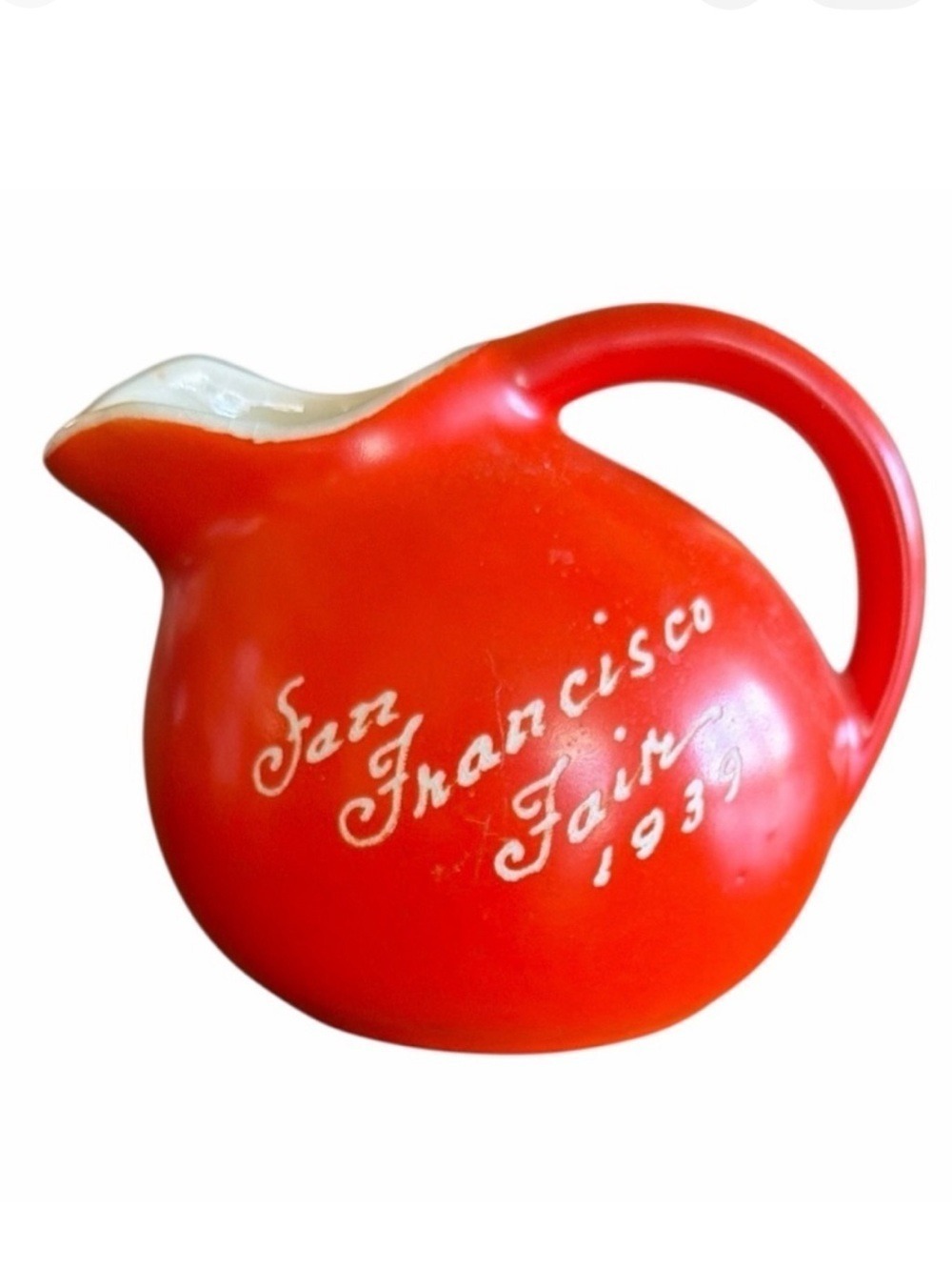 San Francisco Fair 1939 Small Orange Ball Tilt Pitcher Creamer EC